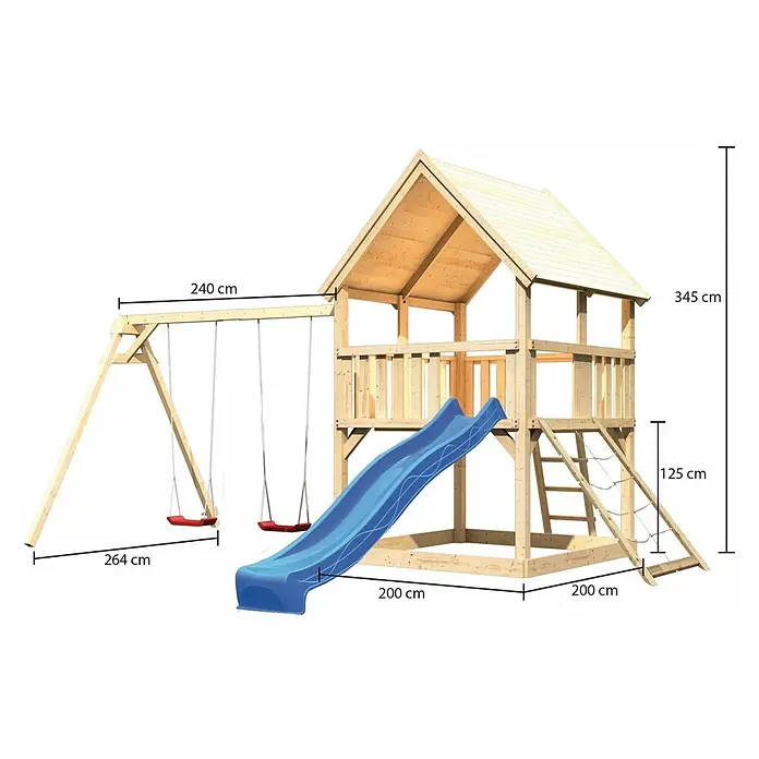 Karibu Kinderspielturm Luis Set 20 - L x B x H: 264 x 440 x 345 cm, Natur/Blau - Abbildung eines Spielplatzes mit Rutsche, Schaukel und Klettergerüst mit Höhenangaben.