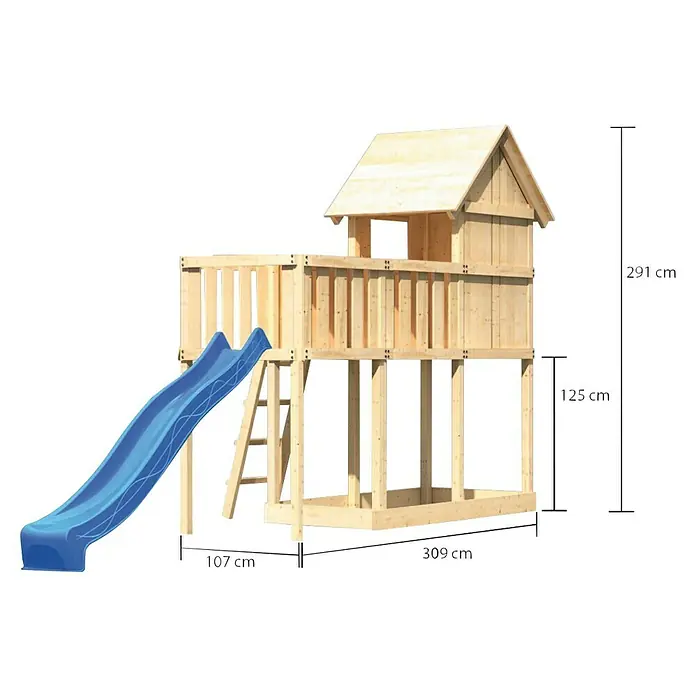 Karibu Kinderspielturm Frieda Set 13 - L x B x H: 107 x 309 x 291 cm, Natur - Produktansicht des KidKraft Kletterturms mit Rutsche, Leiter und Sandkasten unten, ideal für Kinder zum Spielen im Freien.
