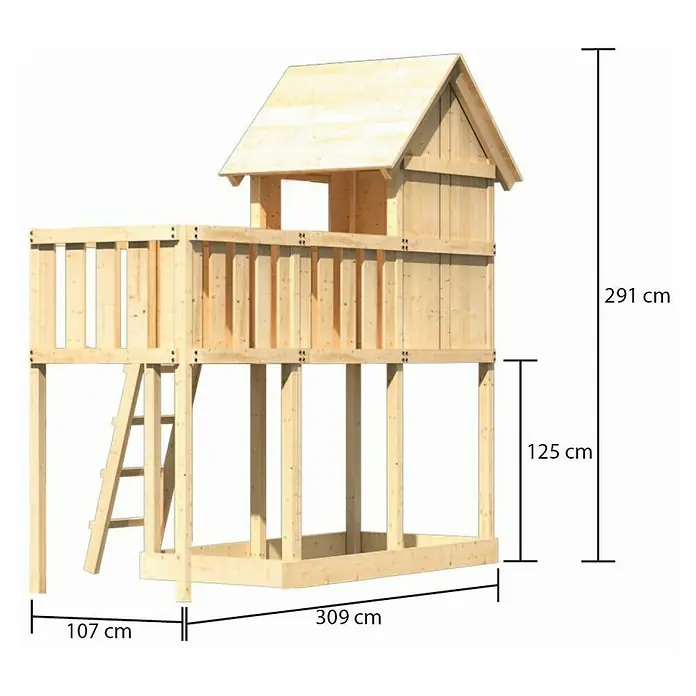 Karibu Kinderspielturm Frieda Set 6 - L x B x H: 107 x 309 x 291 cm, Natur - Abbildung eines zweistöckigen Spielhauses aus Holz mit angegebener Gesamthöhe, Breite und Höhe des Untergeschosses.