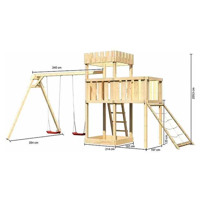 Karibu Kinderspielturm Ritterburg Löwenherz Set 43 - L x B x H: 264 x 454 x 259,5 cm, Natur - Abbildung eines Spielplatzes mit Rutsche, Schaukel und Kletterturm. Die Konstruktion besteht aus Holz und ist mit verschiedenen Maßen versehen.