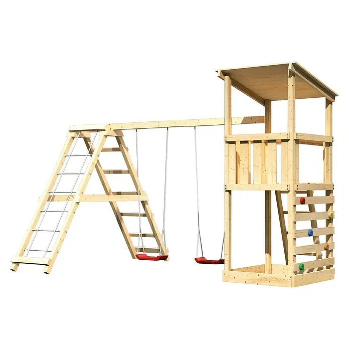 Karibu Kinderspielturm Anna Set 24 - L x B x H: 264 x 415 x 270 cm, Natur - Ein hölzerner Spielturm mit Schaukeln, einer Leiter und einer Kletterwand bietet Kindern vielfältige Spielmöglichkeiten im Freien.