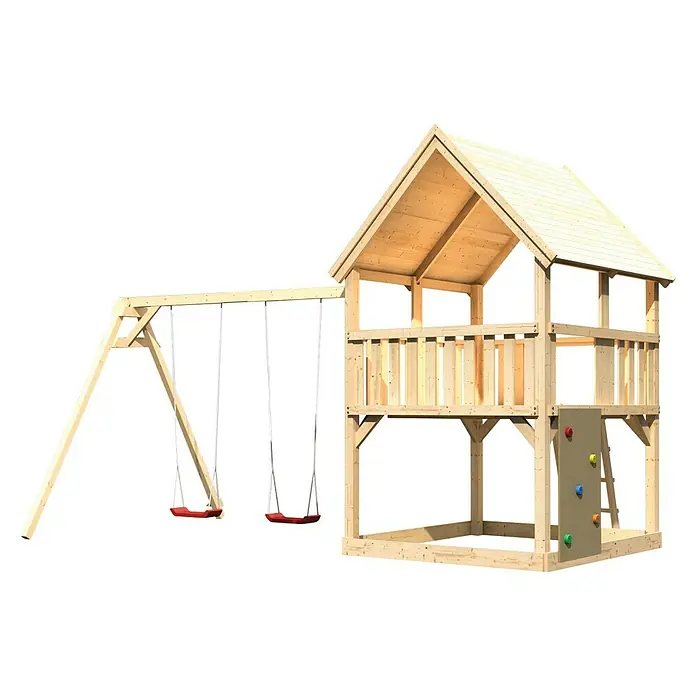 Karibu Kinderspielturm Luis Set 18 - L x B x H: 264 x 440 x 345 cm, Natur - Ein naturbelassener Holzspielturm mit Schaukel und Kletterwand. Ideal für den Garten und stundenlangen Spielspaß im Freien.