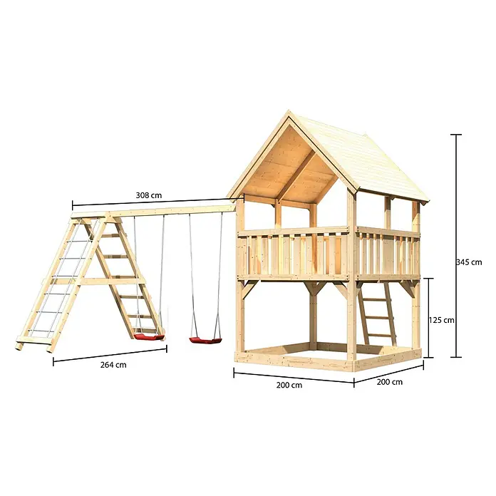Karibu Kinderspielturm Luis Set 5 - L x B x H: 264 x 508 x 345 cm, Natur - Abbildung eines hölzernen Spielturms mit Schaukel und Leiter. Die Maße des Spielturms sind angegeben.