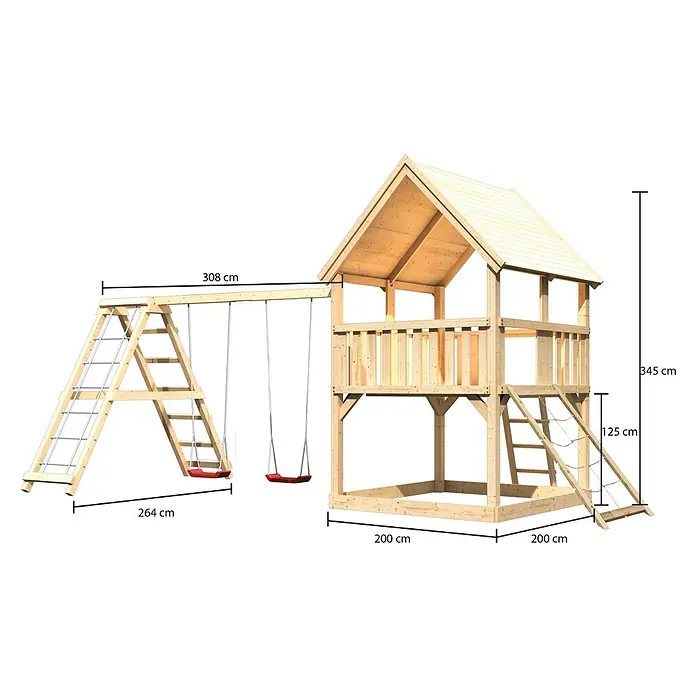 Karibu Kinderspielturm Luis Set 17 - L x B x H: 264 x 508 x 345 cm, Natur - Abbildung eines hölzernen Spielturms mit Schaukel und Klettergerüst, inklusive Maßangaben für Länge und Höhe.