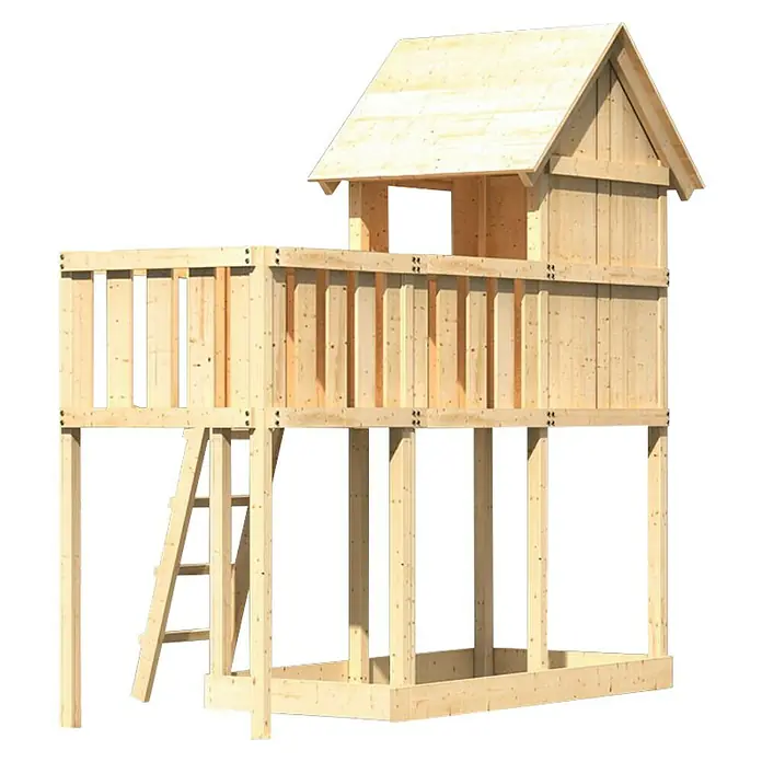 Karibu Kinderspielturm Frieda Set 6 - L x B x H: 107 x 309 x 291 cm, Natur - Holzspielhaus mit Leiter und kleinem Häuschen oben, ideal für den Garten.