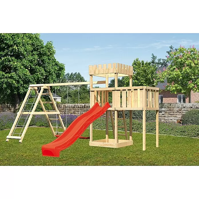 Karibu Kinderspielturm Ritterburg Löwenherz Set 30 - L x B x H: 264 x 522 x 259,5 cm, Natur/Rot - Stimmungsaufnahme