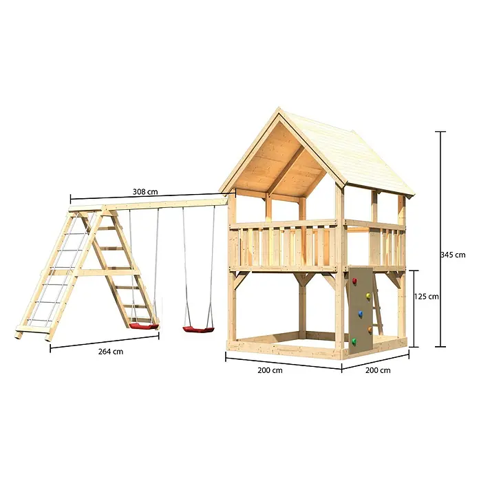 Karibu Kinderspielturm Luis Set 19 - L x B x H: 264 x 508 x 345 cm, Natur - Abenteuerlicher Spielturm mit Schaukel und Kletterwand für Kinder.