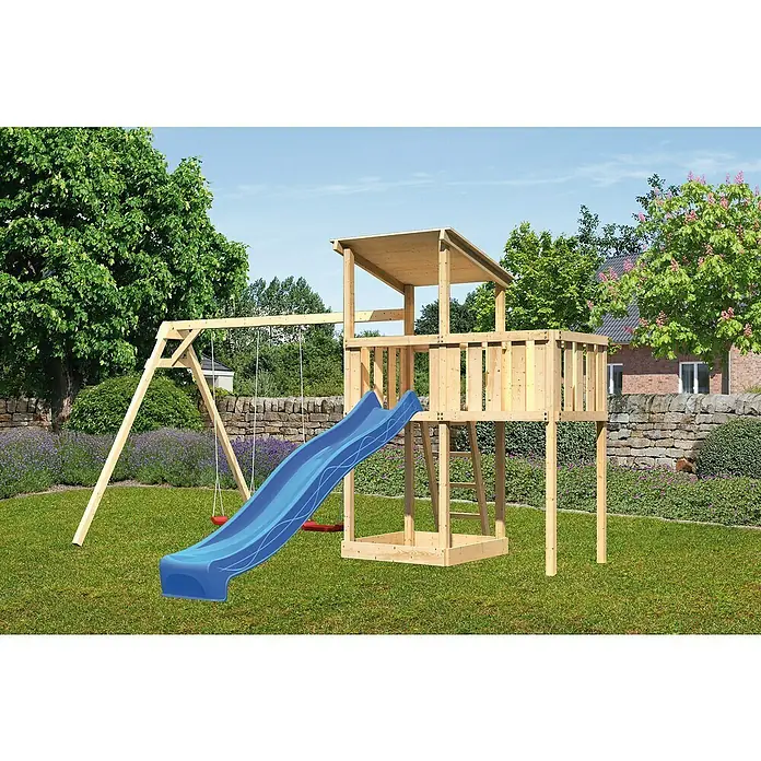 Karibu Kinderspielturm Anna Set 27 - L x B x H: 264 x 254 x 270 cm, Natur - Spielplatz mit Schaukel und Rutsche im Garten.