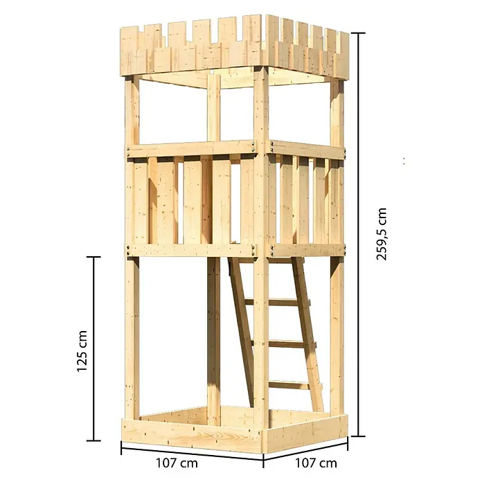 Karibu Kinderspielturm Ritterburg Löwenherz Set 1 - L x B x H: 107 x 107 x 259,5 cm, Natur - Bild eines dreistöckigen Spielturms aus Holz mit den Maßen 107 x 107 x 259,5 cm.