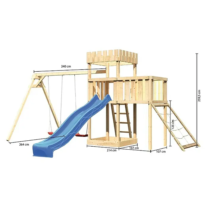 Karibu Kinderspielturm Ritterburg Löwenherz Set 47 - L x B x H: 264 x 454 x 259,5 cm, Natur/Blau - Spielturm mit Schaukel, Rutsche, Kletterwand und Leiter bietet vielfältige Spielmöglichkeiten im Garten. Robustes Holzdesign für langanhaltenden Spaß.