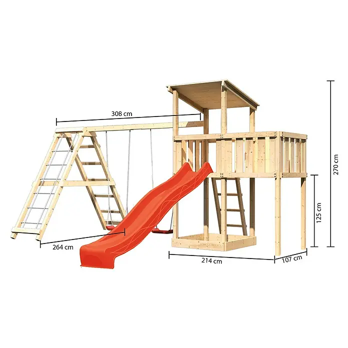 Karibu Kinderspielturm Anna Set 30 - L x B x H: 264 x 522 x 270 cm, Natur - Abbildung eines Spielturms mit Schaukel und Rutsche, einschließlich seiner Abmessungen.