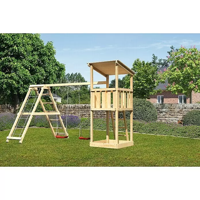 Karibu Kinderspielturm Anna Set 5 - L x B x H: 264 x 415 x 270 cm, Natur - Hölzerner Spielplatz mit Schaukel und Spielturm im Garten. Aus Naturholz mit roten Schaukeln.