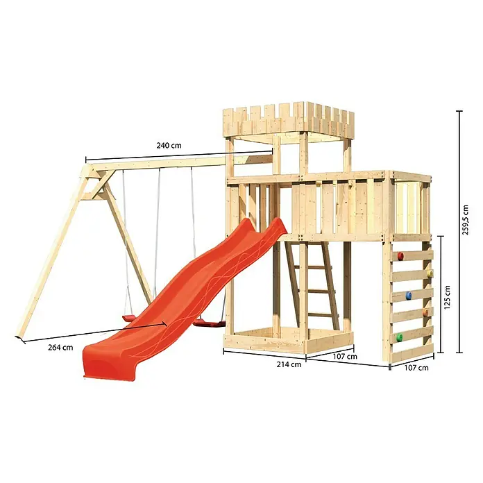 Karibu Kinderspielturm Ritterburg Löwenherz Set 52 - L x B x H: 264 x 454 x 259,5 cm, Natur/Rot - Abenteuerlicher Spielturm aus Holz mit Rutsche, Schaukel und Kletterwand für Kinder. Das Spielparadies bietet vielseitigen Spaß im Garten.