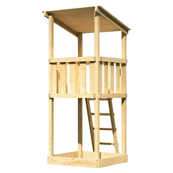 Karibu Kinderspielturm Anna Set 1 - L x B x H: 107 x 107 x 270 cm, Natur - Ein dreistöckiges Spielhaus aus Holz mit Leiter und überdachtem Dach. Ideal für Kinder zum Spielen und Klettern im Garten.