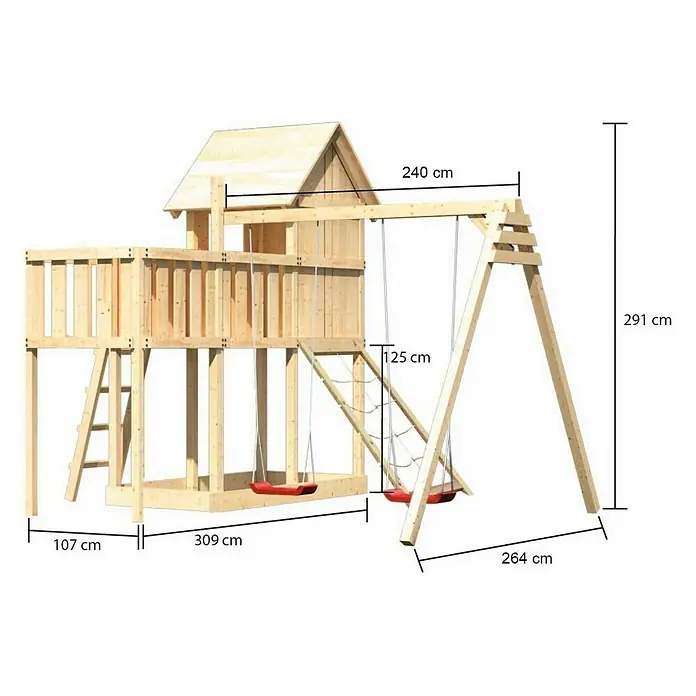 Karibu Kinderspielturm Frieda Set 43 - L x B x H: 309 x 347 x 291 cm, Natur - Bild eines Holzspielhauses mit Schaukel, Abmessungen sind 107 cm, 309 cm, 240 cm, 125 cm, 291 cm und 264 cm.