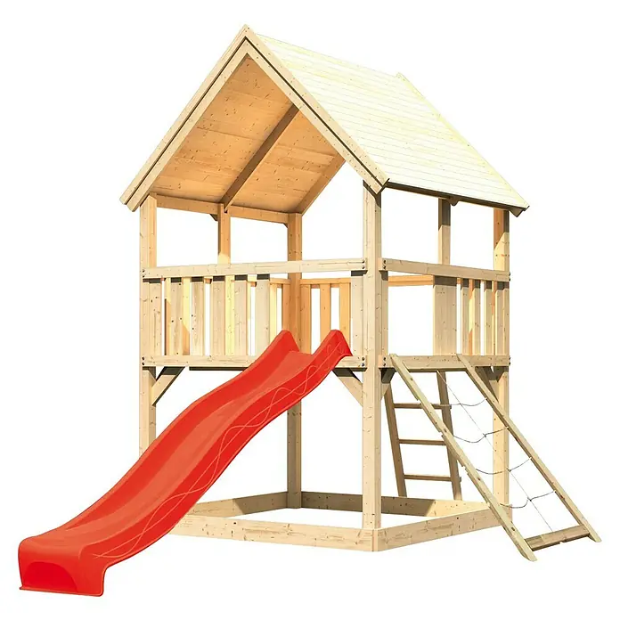 Karibu Kinderspielturm Luis Set 13 - L x B x H: 200 x 200 x 345 cm, Natur/Rot - Ein zweistöckiges Holzspielhaus mit Rutsche und Kletterwand, perfekt für stundenlangen Spielspaß im Garten.