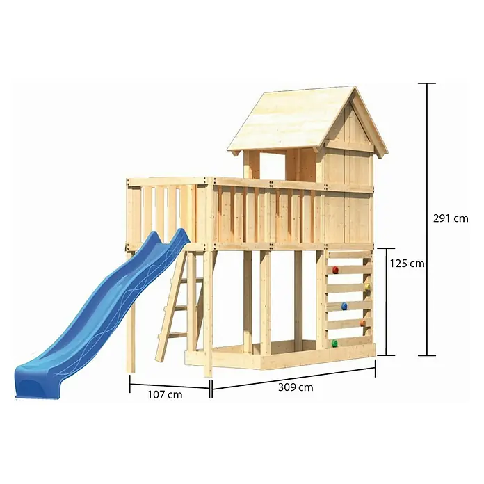 Karibu Kinderspielturm Frieda Set 41 - L x B x H: 107 x 309 x 291 cm, Natur - Holzspielplatz mit Rutsche, Kletterwand und Spielhaus. Perfekt für Abenteuer im eigenen Garten!
