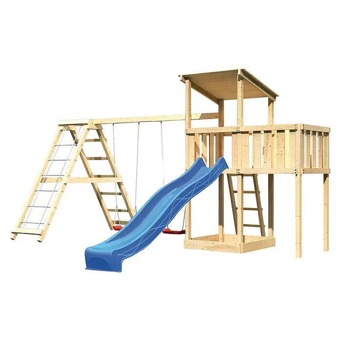 Karibu Kinderspielturm Anna Set 29 - L x B x H: 264 x 522 x 270 cm, Natur - Holzspielturm mit Schaukel, Rutsche und Leiter. Ein Spielparadies für Kinder im Garten.