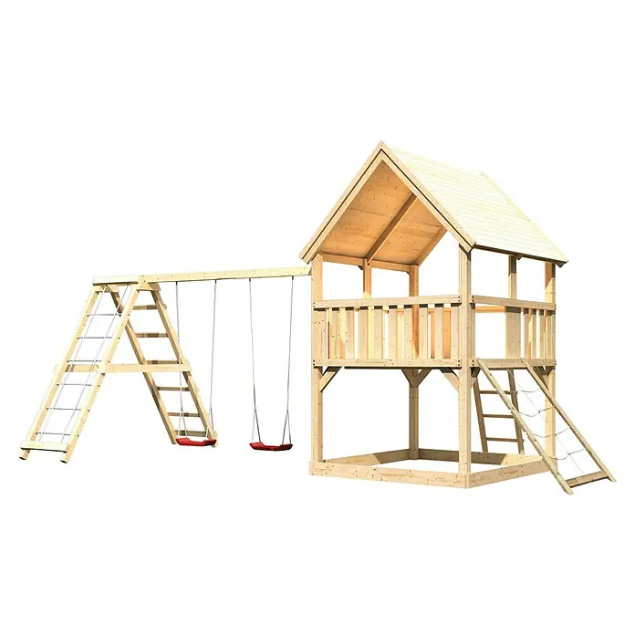 Karibu Kinderspielturm Luis Set 17 - L x B x H: 264 x 508 x 345 cm, Natur - Hölzernes Spielhaus mit Schaukel, Leiter und Kletterwand für Kinder zum Spielen und Spaß haben im Garten.