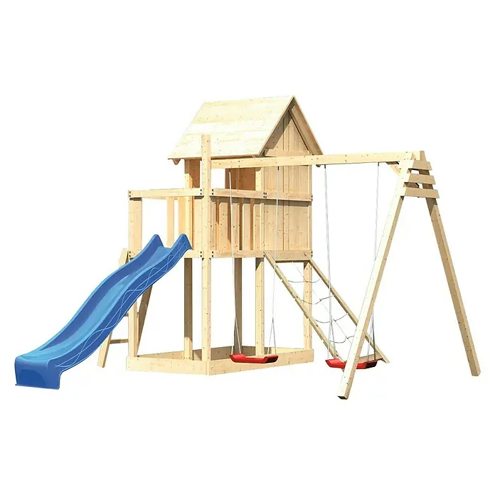 Karibu Kinderspielturm Frieda Set 31 - L x B x H: 264 x 347 x 291 cm, Natur - Ein hölzerner Spielturm mit Rutsche, Schaukel und Kletternetz. Perfekt für stundenlangen Spielspaß im Garten.