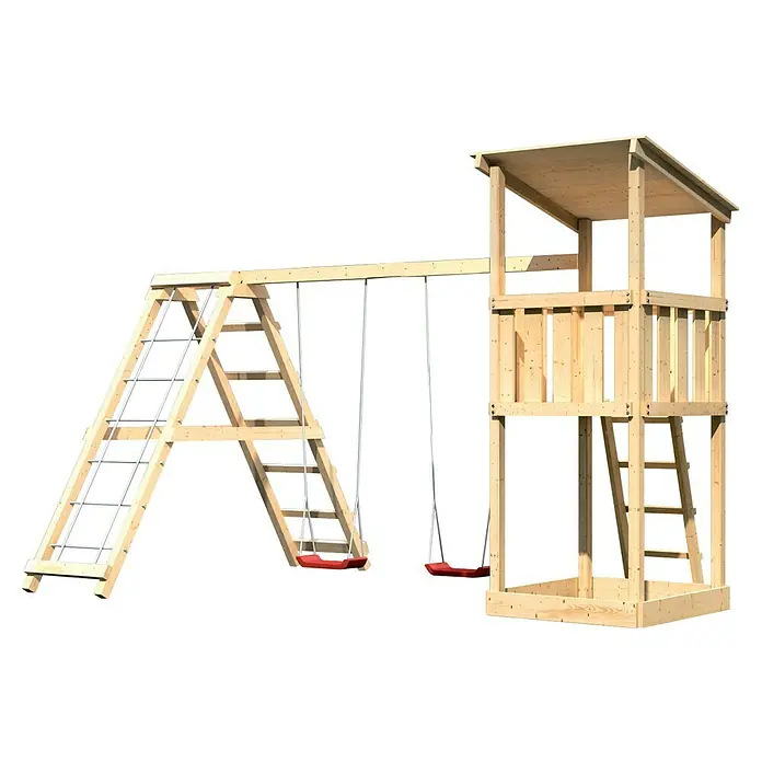 Karibu Kinderspielturm Anna Set 5 - L x B x H: 264 x 415 x 270 cm, Natur - Holzspielturm mit Schaukel und Leiter für Kinder zum Spielen und Klettern im Garten.