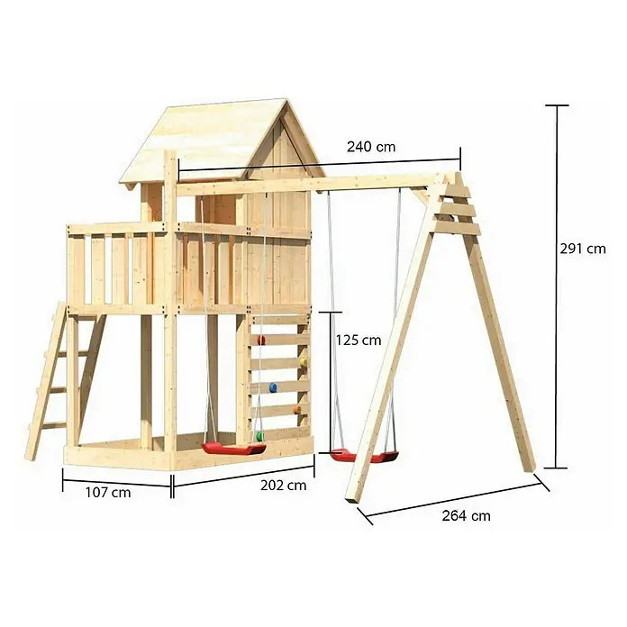 Karibu Kinderspielturm Frieda Set 23 - L x B x H: 264 x 347 x 291 cm, Natur - Abbildung eines Spielturms mit Schaukel und Kletterwand aus Holz mit den Maßen 291 cm Höhe, 240 cm Breite und 264 cm Tiefe.