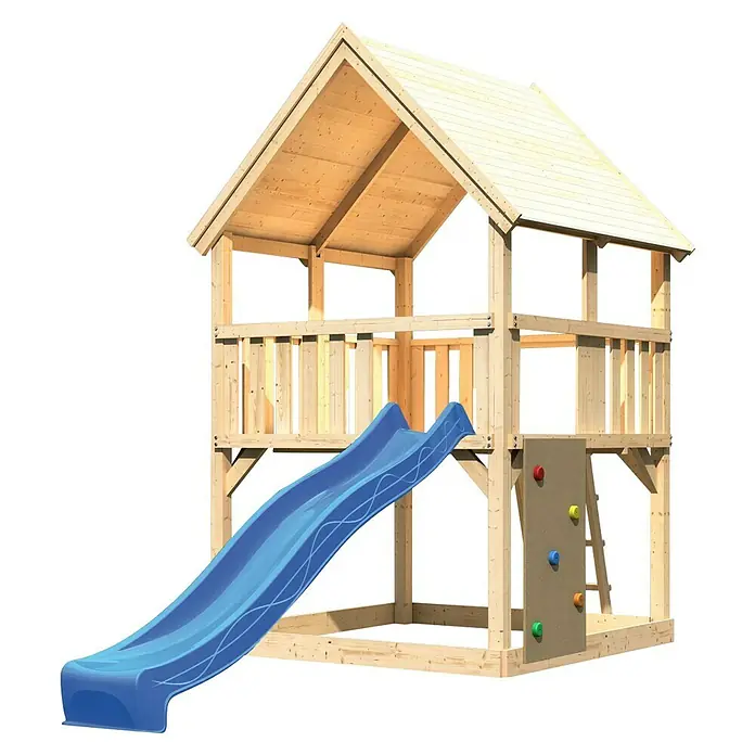 Karibu Kinderspielturm Luis Set 14 - L x B x H: 200 x 200 x 345 cm, Natur/Blau - Ein zweistöckiges Spielhaus aus Holz mit blauer Rutsche, Kletterwand und Leiter. Das Spielhaus hat ein schönes Dach.