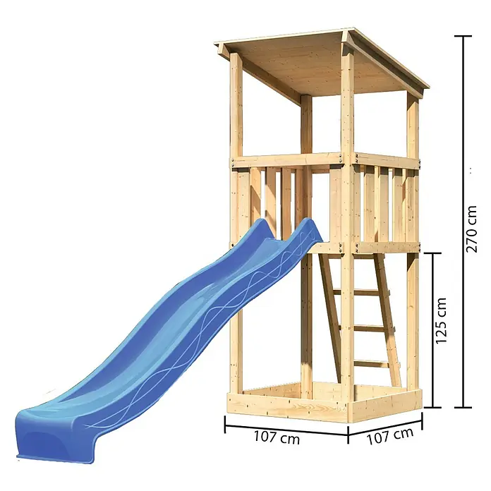 Karibu Kinderspielturm Anna Set 2 - L x B x H: 107 x 107 x 270 cm, Natur - Holzspielturm mit blauer Rutsche und Leiter, Maße sind eingezeichnet.