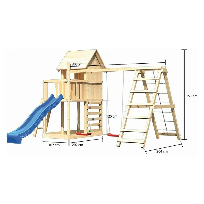 Karibu Kinderspielturm Frieda Set 37 - L x B x H: 264 x 415 x 291 cm, Natur - Abbildung des Spielturms aus Holz mit Rutsche, Schaukeln, Kletterwand und Leiter mit den Maßangaben.