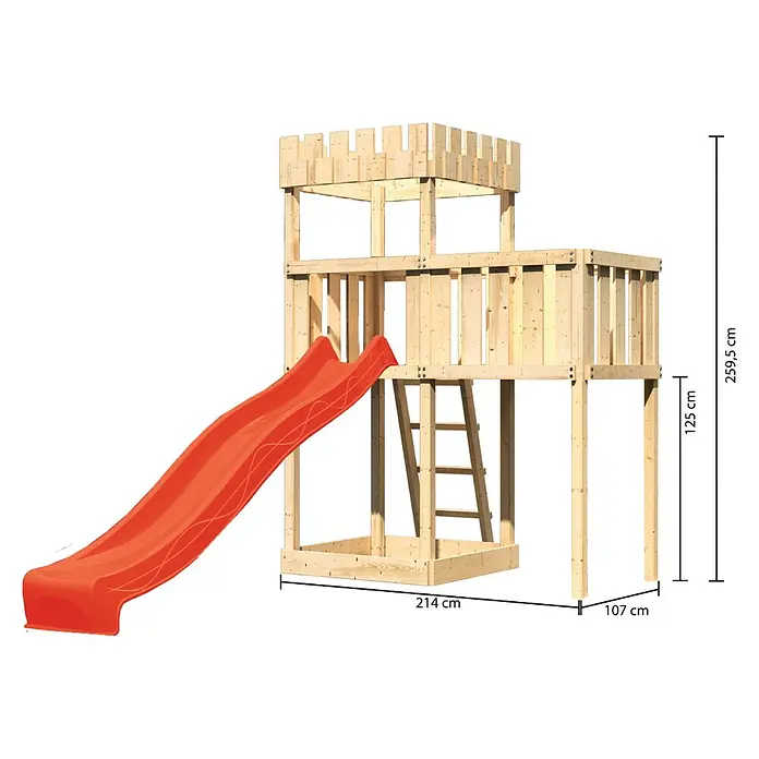 Karibu Kinderspielturm Ritterburg Löwenherz Set 14 - L x B x H: 107 x 214 x 259,5 cm, Natur/Rot - Holzspielturm mit Rutsche und Leiter, ideal für den Garten. Die Gesamthöhe beträgt 259,5 cm.
