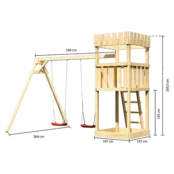 Karibu Kinderspielturm Ritterburg Löwenherz Set 4 - L x B x H: 264 x 347 x 259,5 cm, Natur - Abbildung eines Spielturms mit Schaukel und Kletterleiter, inklusive Maßangaben für Höhe, Breite und Länge.