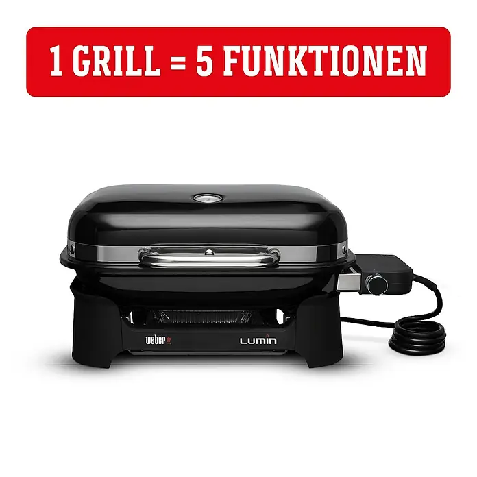 Weber Elektrogrill Lumin Compact - Grillfläche (B x T): 43 x 28 cm, 2.200 W, Standgrill - Schwarzer Weber Lumin Elektrogrill mit dem Schriftzug "1 Grill = 5 Funktionen" für vielseitiges Grillvergnügen.