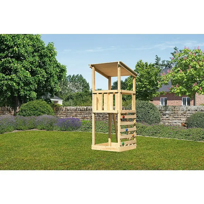Karibu Kinderspielturm Anna Set 8 - L x B x H: 107 x 107 x 270 cm, Natur - Holzspielturm mit Kletterwand im Garten. Das zweistöckige Spielhaus bietet Kindern einen sicheren und unterhaltsamen Platz zum Spielen im Freien.