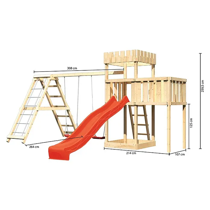 Karibu Kinderspielturm Ritterburg Löwenherz Set 30 - L x B x H: 264 x 522 x 259,5 cm, Natur/Rot - Ansicht eines Kinderspielplatzes mit Rutsche, Schaukel und Klettergerüst, versehen mit Maßangaben.