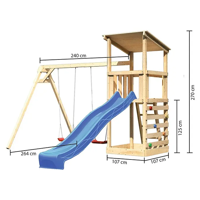 Karibu Kinderspielturm Anna Set 35 - L x B x H: 264 x 347 x 270 cm, Natur - Abmessungen eines hölzernen Spielturms mit Schaukel und Rutsche, mit Angaben zu Höhe, Breite und Länge. Ideal für den Garten.