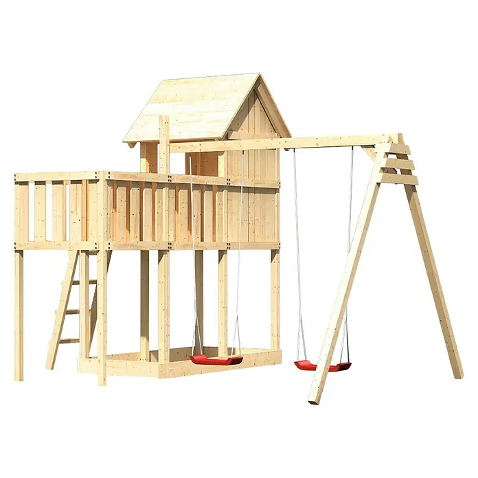Karibu Kinderspielturm Frieda Set 19 - L x B x H: 264 x 347 x 291 cm, Natur - Ein hölzerner Spielturm mit Schaukeln, Leiter und einem kleinen Haus oben. Ideal für Kinder zum Spielen und Austoben im Garten.