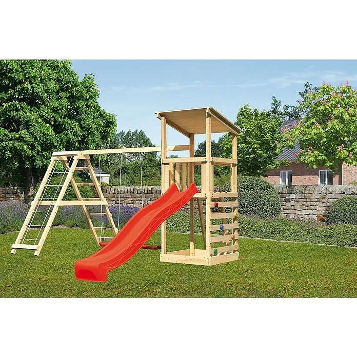 Karibu Kinderspielturm Anna Set 38 - L x B x H: 264 x 415 x 270 cm, Natur - Das Holzspielgerät mit Rutsche, Kletterwand und Schaukel bietet viel Spaß im Garten. Ideal für Kinder zum Spielen und Toben im Freien.
