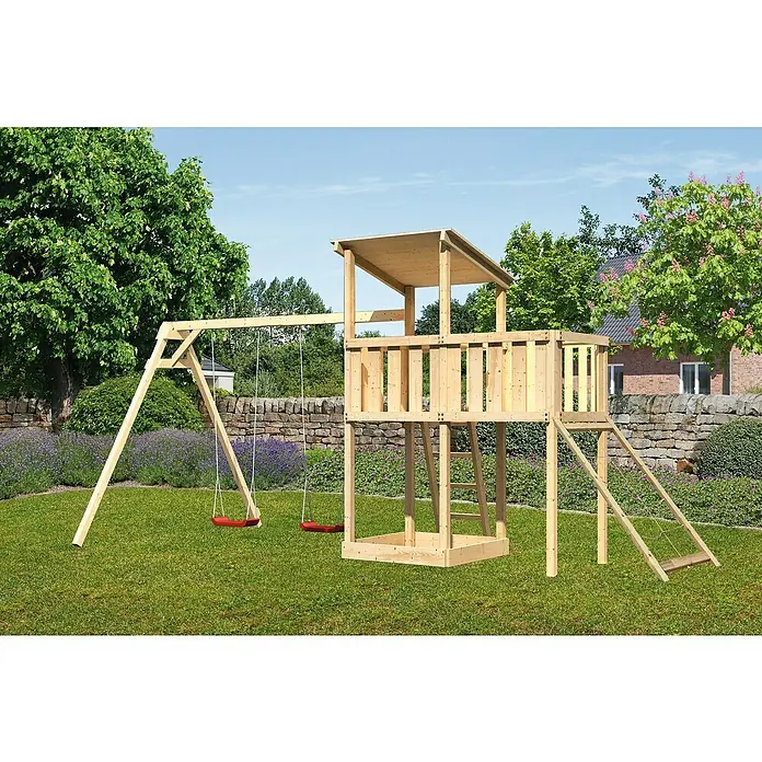 Karibu Kinderspielturm Anna Set 43 - L x B x H: 264 x 454 x 270 cm, Natur - Hölzerner Spielplatz mit Schaukel, Turm und Rutsche im Garten. Ideal für Kinder zum Spielen und Spaß haben.