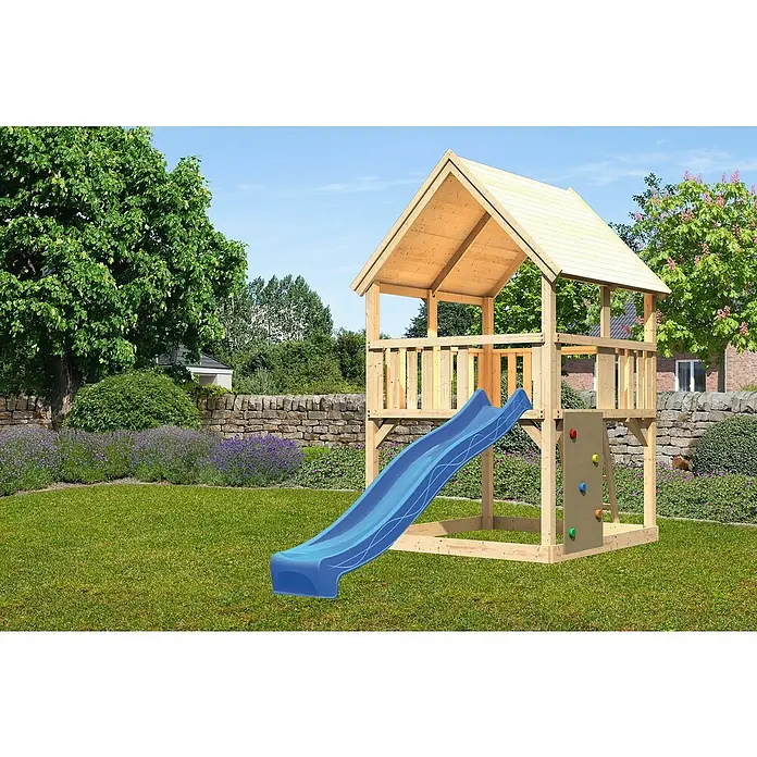 Karibu Kinderspielturm Luis Set 14 - L x B x H: 200 x 200 x 345 cm, Natur/Blau - Ein Holzspielhaus mit blauer Rutsche und Kletterwand im Garten. Ideal für Kinder zum Spielen und Austoben im Freien.