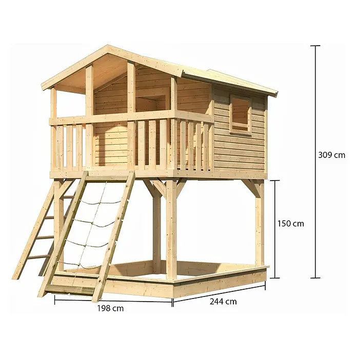 Karibu Spielhaus Benjamin Set 7 - L x B x H: 244 cm x 198 mm x 309 cm, Holz, Natur - Abbildung eines hölzernen Spielhauses mit den Maßen 309 cm Höhe, 244 cm Breite und 198 cm Tiefe.