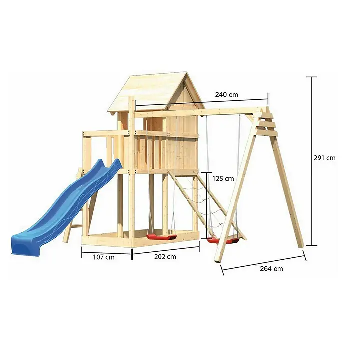 Karibu Kinderspielturm Frieda Set 31 - L x B x H: 264 x 347 x 291 cm, Natur - Abbildung eines hölzernen Kinderspielhauses mit Rutsche und Schaukel mit den Maßangaben.