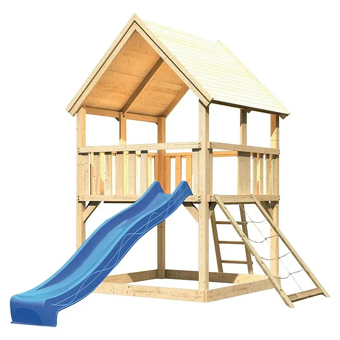 Karibu Kinderspielturm Luis Set 12 - L x B x H: 200 x 200 x 345 cm, Natur/Blau - Das Bild zeigt ein zweistöckiges Holzspielhaus mit einer blauen Rutsche und einer Strickleiter, ideal für Kinder zum Spielen und Entdecken im Freien.