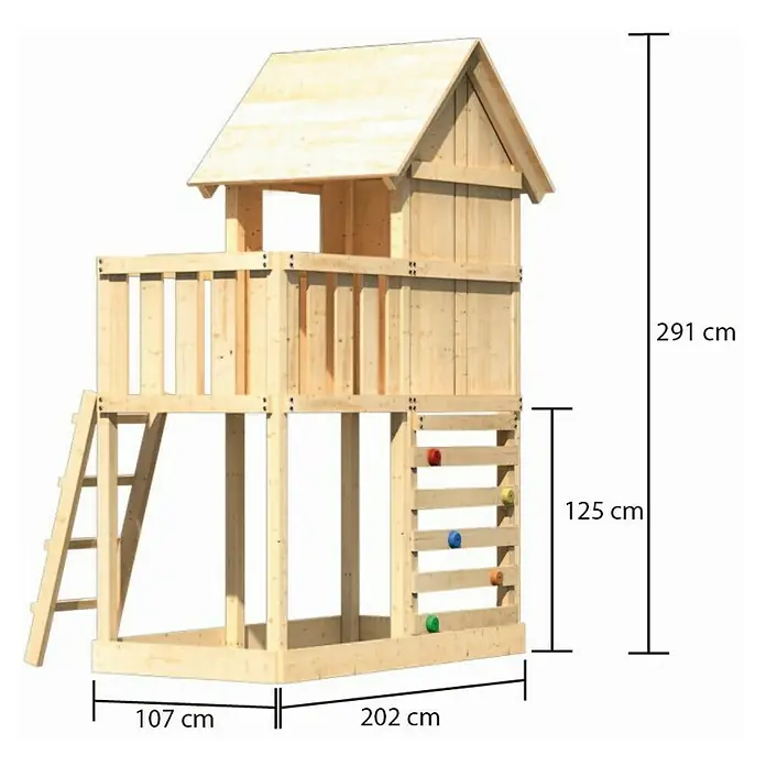 Karibu Kinderspielturm Frieda Set 8 - L x B x H: 202 x 107 x 291 cm, Natur - Abbildung eines Holzspielhauses mit den Maßen 107 cm x 202 cm Breite und 291 cm Höhe.