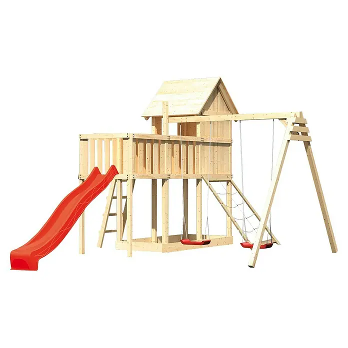 Karibu Kinderspielturm Frieda Set 48 - L x B x H: 309 x 347 x 291 cm, Natur - Kinderspielplatz aus Holz mit Rutsche, Schaukel und Spielhaus für unbegrenzten Spaß im Freien.