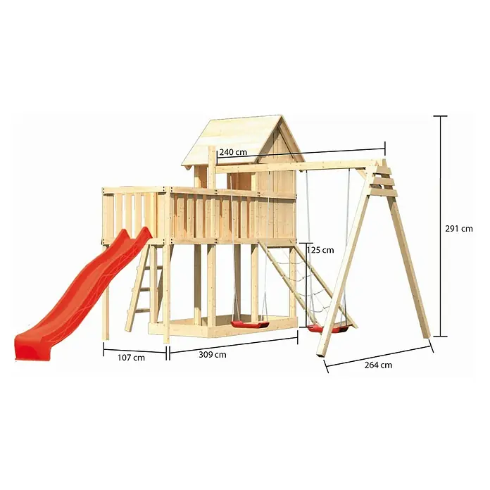 Karibu Kinderspielturm Frieda Set 48 - L x B x H: 309 x 347 x 291 cm, Natur - Abbildung eines Holzspielhauses mit Rutsche und Schaukel mit den Maßen 291 cm Höhe und 309 cm Länge.