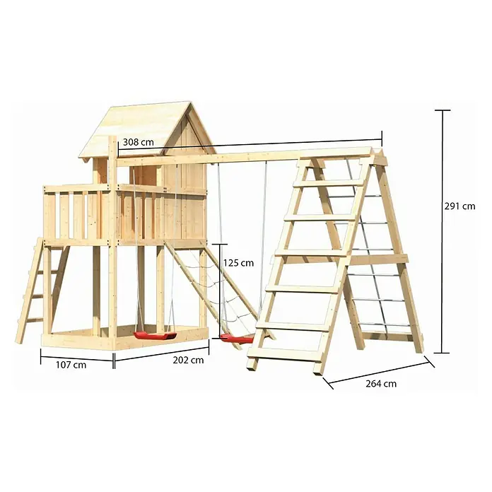 Karibu Kinderspielturm Frieda Set 22 - L x B x H: 264 x 415 x 291 cm, Natur - Abbildung eines Holzspielplatzes mit Schaukeln und Leiter, einschließlich Maßangaben für verschiedene Abmessungen.