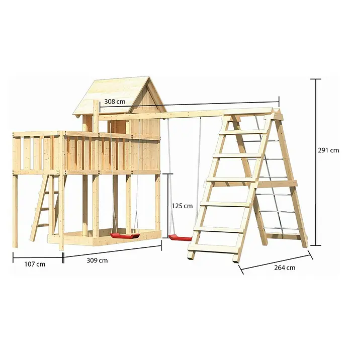 Karibu Kinderspielturm Frieda Set 20 - L x B x H: 264 x 415 x 291 cm, Natur - Abbildung eines Spielturms aus Holz mit Schaukel und Leiter, versehen mit Maßangaben für die Produktabmessungen.