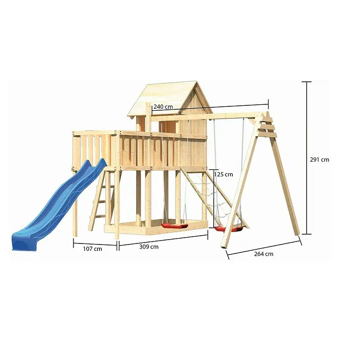 Karibu Kinderspielturm Frieda Set 47 - L x B x H: 264 x 347 x 291 cm, Natur - Abbildung eines Holzspielplatzes mit Schaukel, Rutsche, Kletterwand und Sandkasten, versehen mit Maßangaben.