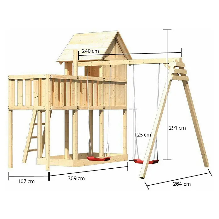 Karibu Kinderspielturm Frieda Set 19 - L x B x H: 264 x 347 x 291 cm, Natur - Abbildung eines Spielhauses aus Holz mit Schaukel und den dazugehörigen Maßen.