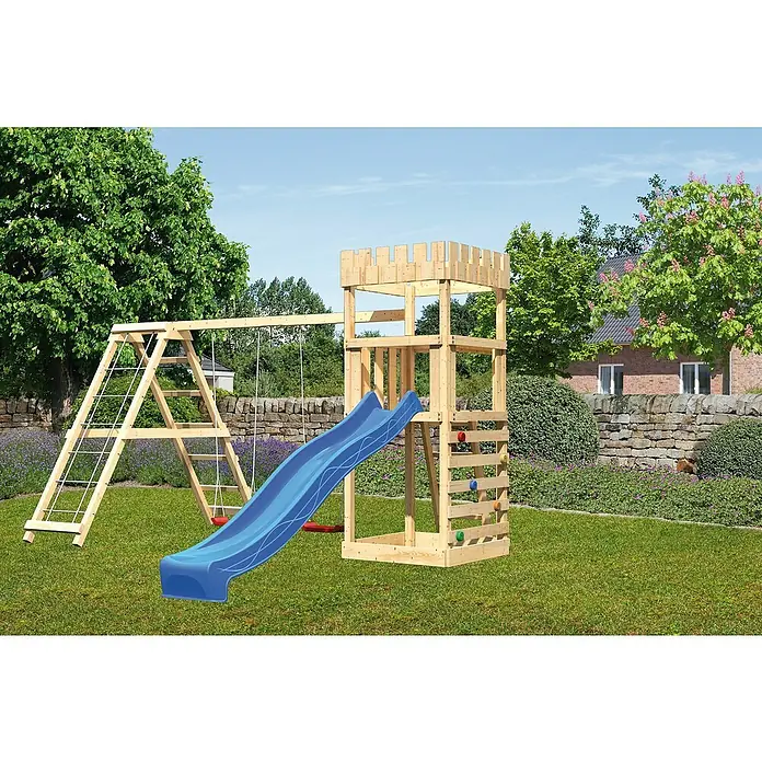 Karibu Kinderspielturm Ritterburg Löwenherz Set 37 - L x B x H: 264 x 415 x 259,5 cm, Natur/Blau - Kinderspielplatz aus Holz mit Turm, Rutsche, Schaukel und Kletterwand für stundenlangen Spaß im Garten.
